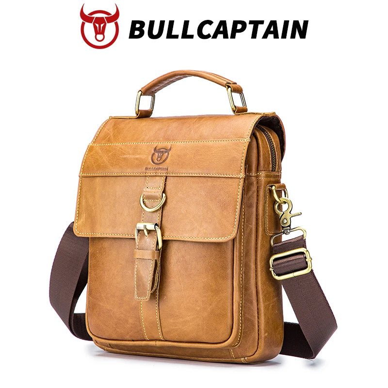 BULLCAPTAIN vintage tan leather men's cross body messenger bag with top handle, buckle closure, and adjustable strap.