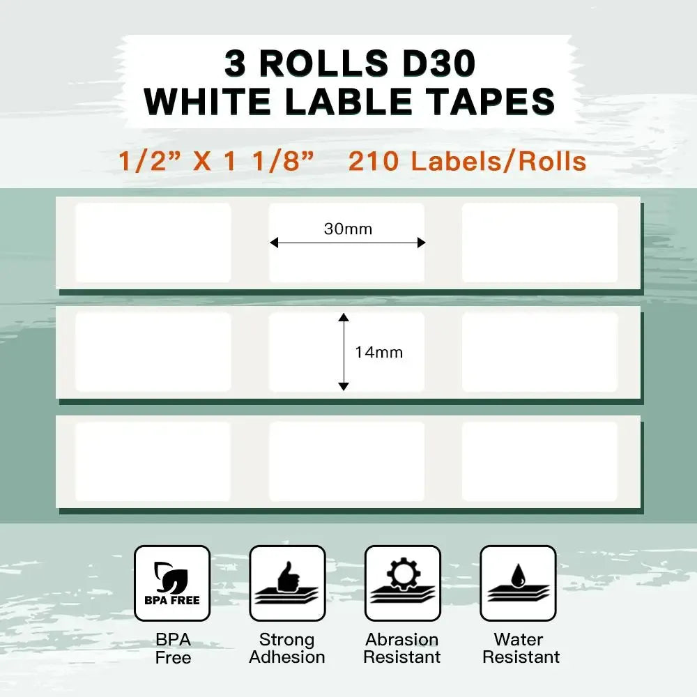 White label tape rolls, 30mm x 14mm label size, 3 rolls, BPA-free