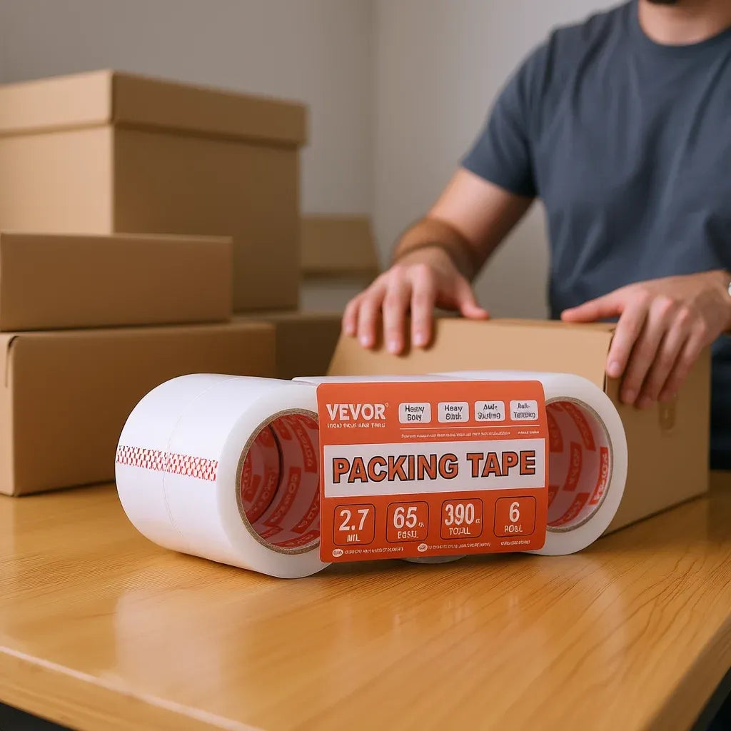 Clear packing tape roll resting on a sealed cardboard box with hands nearby
