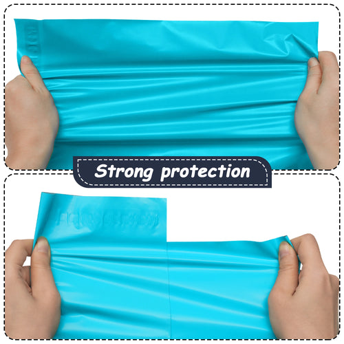 Blue poly mailer held open, showing inner lining and self-sealing edge