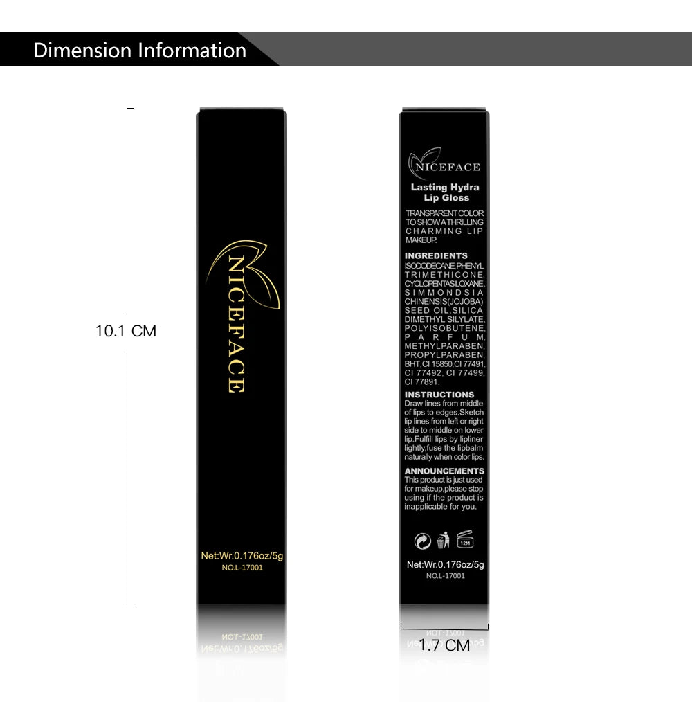 NICEFACE waterproof velvet matte liquid lipstick packaging in black box, 10.1cm height, nude lip tint cosmetic tube.