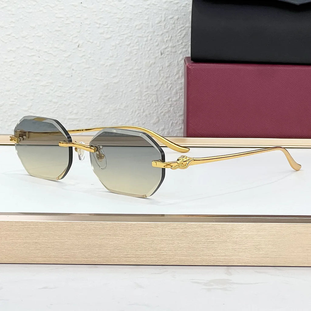 2026 New Luxury Titanium Frameless Polygon Casual Unisex Sunglasses UV400 Protection Outdoor Light Weight Gradient Gold Green