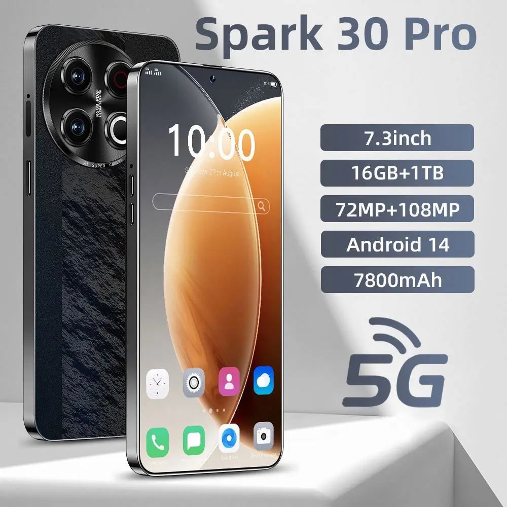 Tidesmit Spark 30 Unlocked Smartphone with 16GB RAM 1TB storage Deca Core processor and Dual SIM global connectivity.