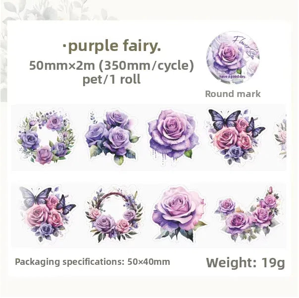 2M/Roll Kraft Paper Masking Pet Tape Meet Flower Sea Series Plant Hand Account Diy Material Decoration Loop Stickers 8 Models