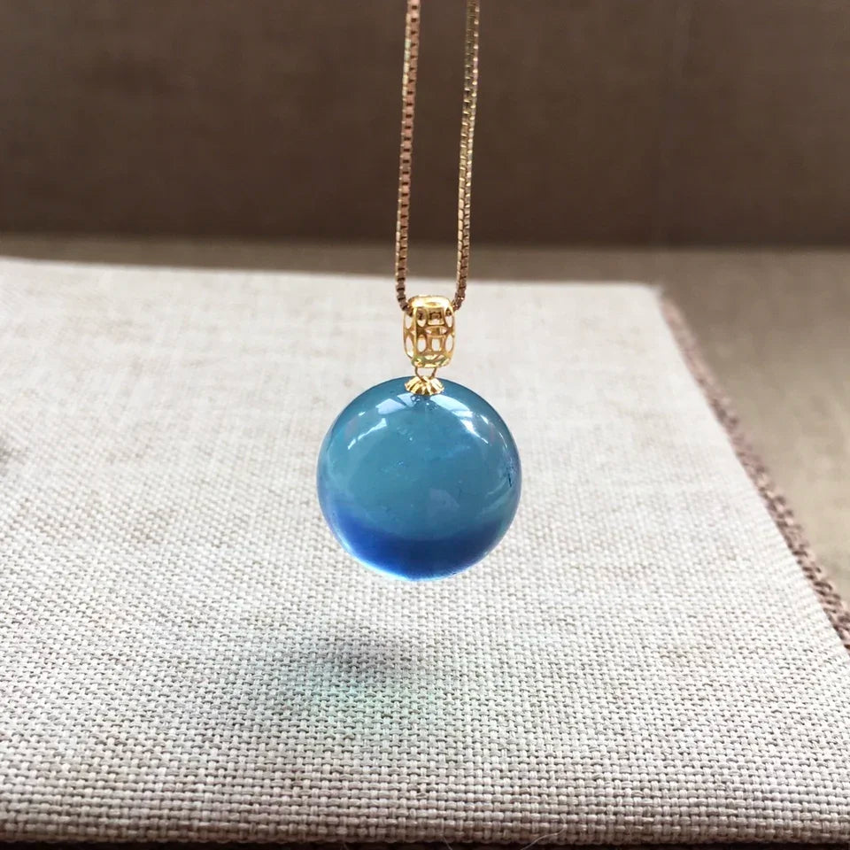 14mm Natural Ocean Aquamarine Beads Classic Pendant Necklace Women Men 18k Silver Wealth Gift Healing Crystal Jewelry