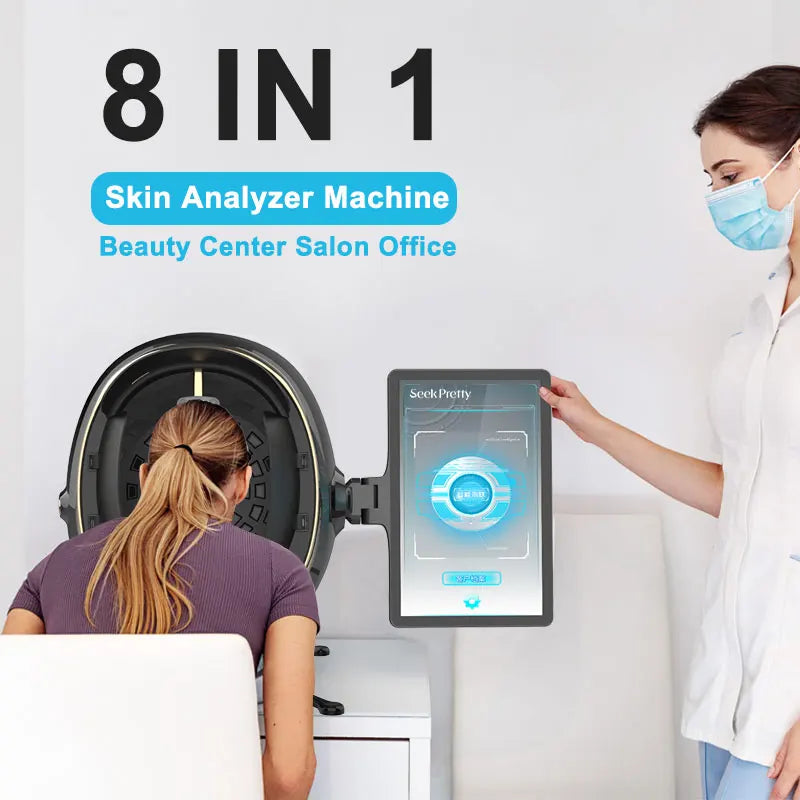 2025 Magic Mirror 8-in-1 AI digital facial skin analyzer machine with touchscreen display for professional beauty care.