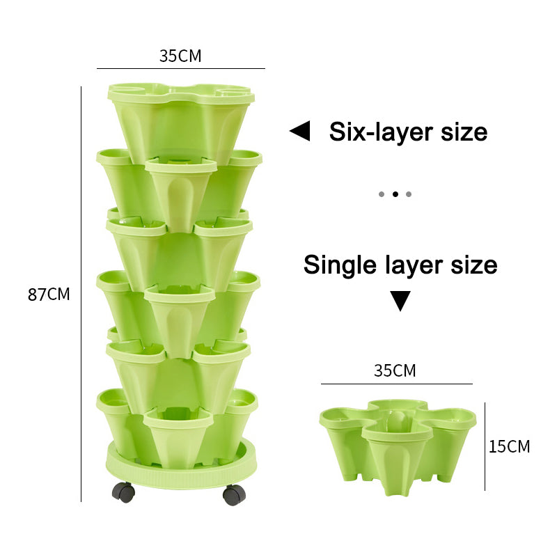 Six-layer stackable vertical plant pot set in light green plastic, shown on wheels