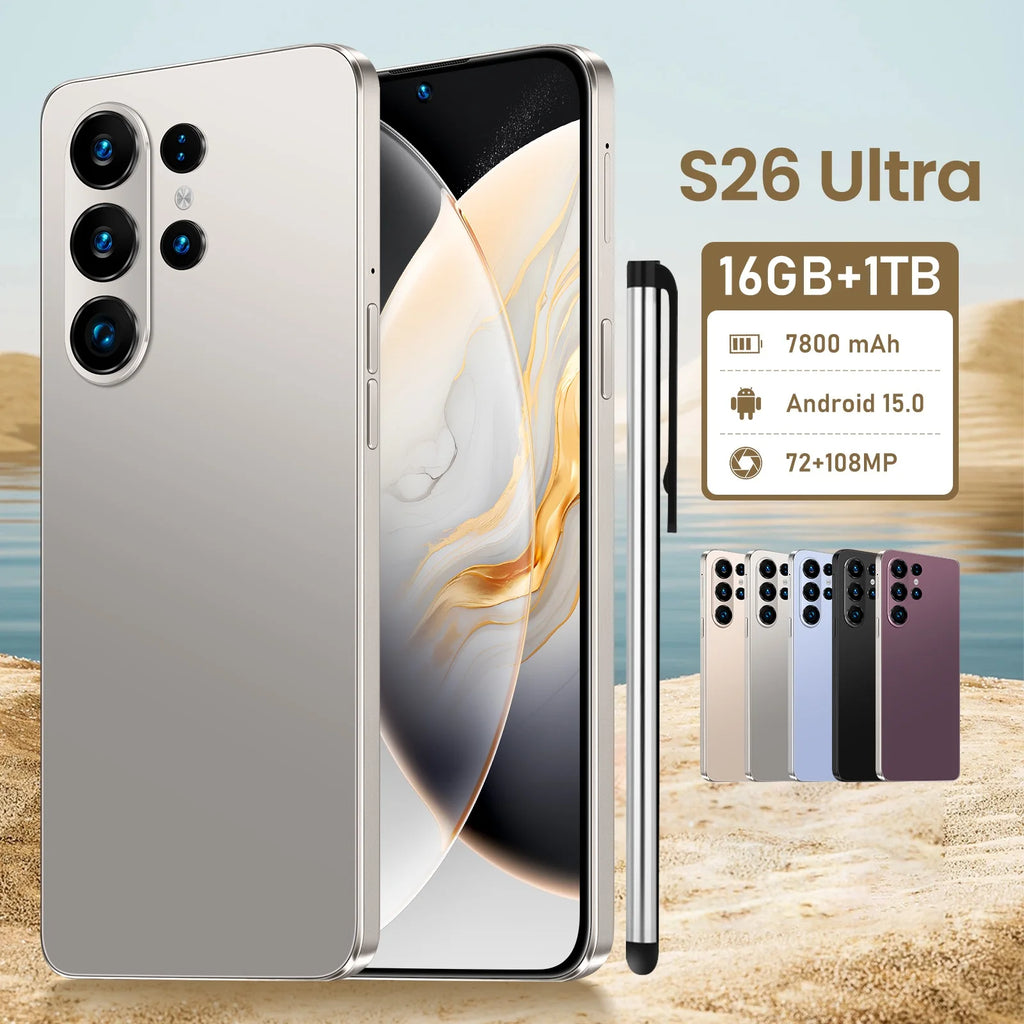 S26 Ultra Android 15 5G smartphone with 7.3 inch OLED display, 16GB RAM, 1TB storage, and 108MP camera