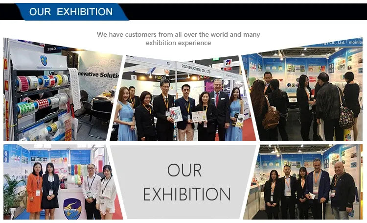 Exhibition promotional collage with booths, people, and an “OUR EXHIBITION” banner