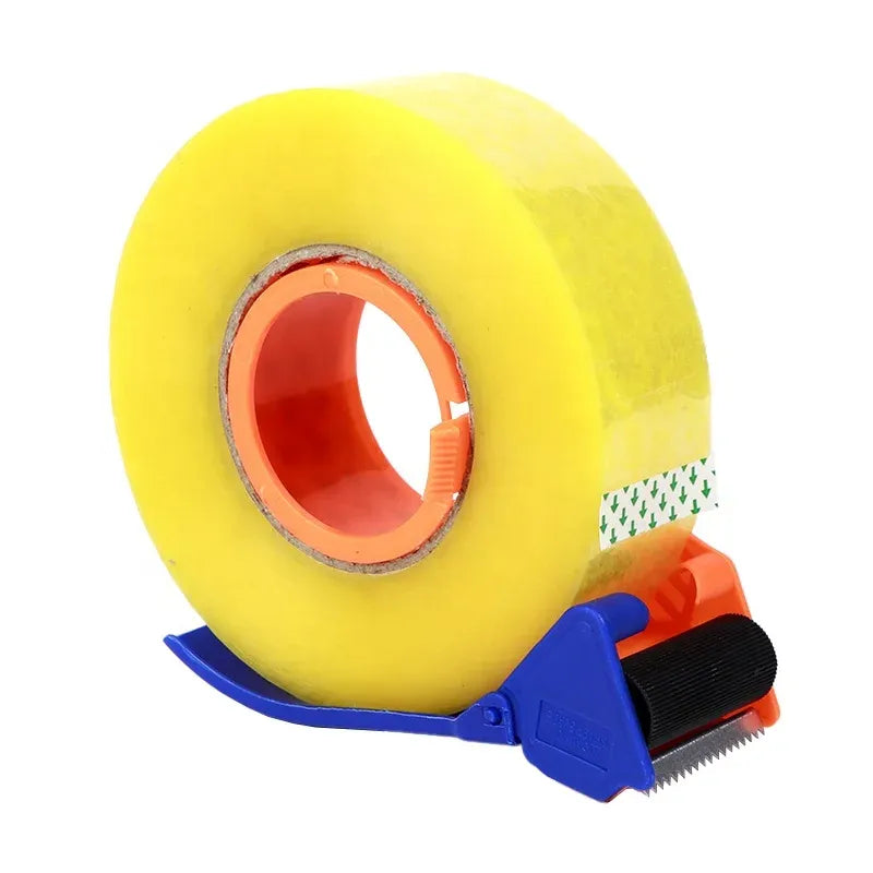 Yellow packing tape roll on orange core with blue dispenser attachment