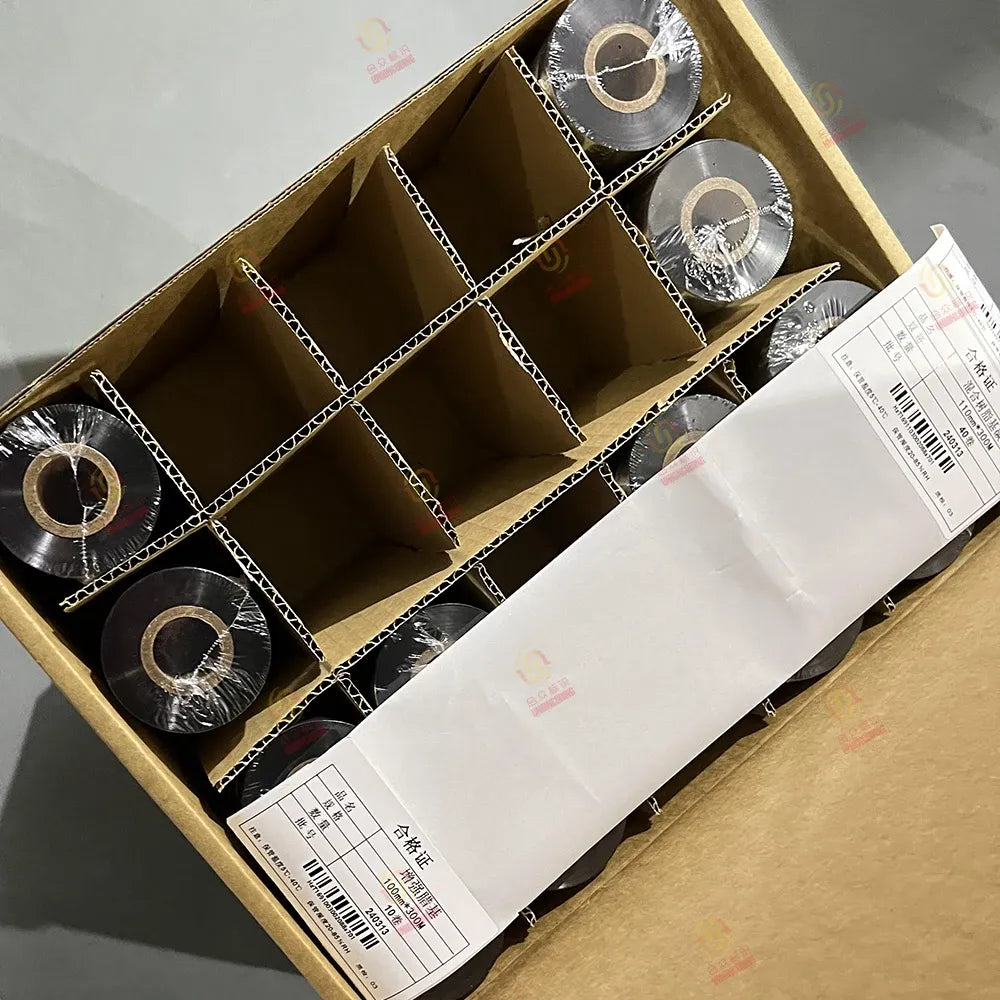 Thermal transfer ribbon box with multiple resin wax ribbon rolls