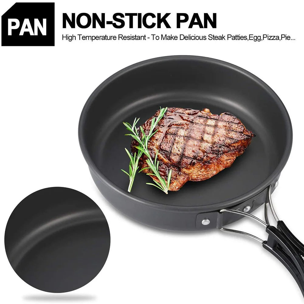 Non-stick aluminum pan with lid knob and cooked steak with herbs inside