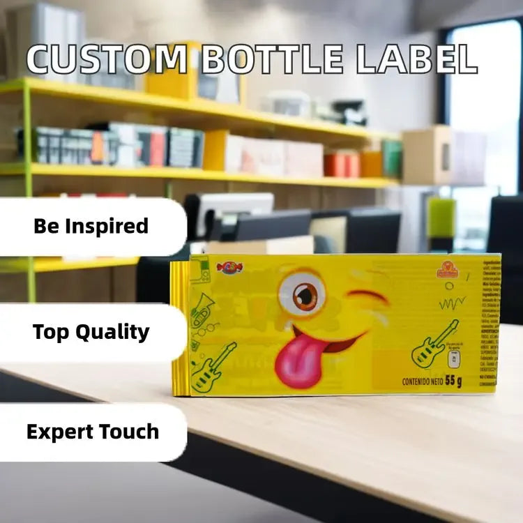 Yellow custom bottle label sticker with cartoon face and barcode