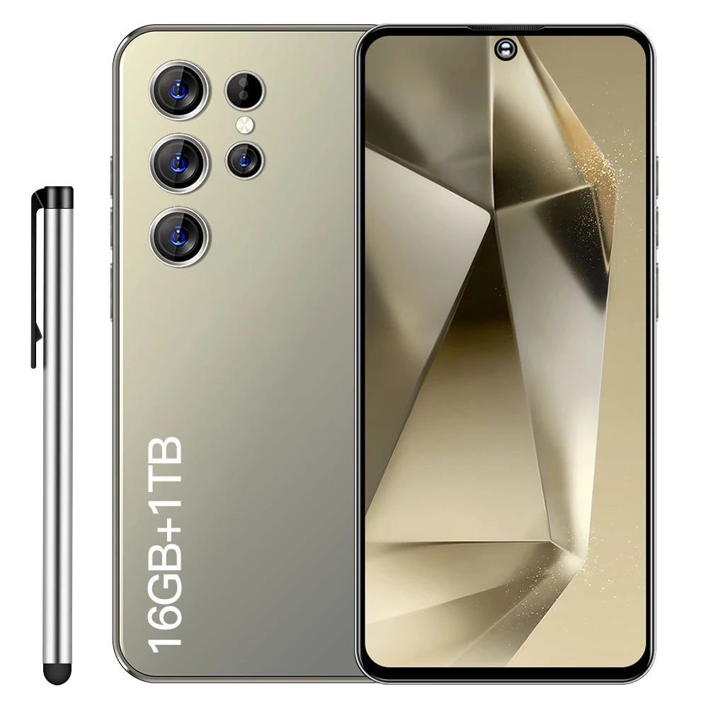 Olive gold 5G Android smartphone with quad rear cameras and large front display.