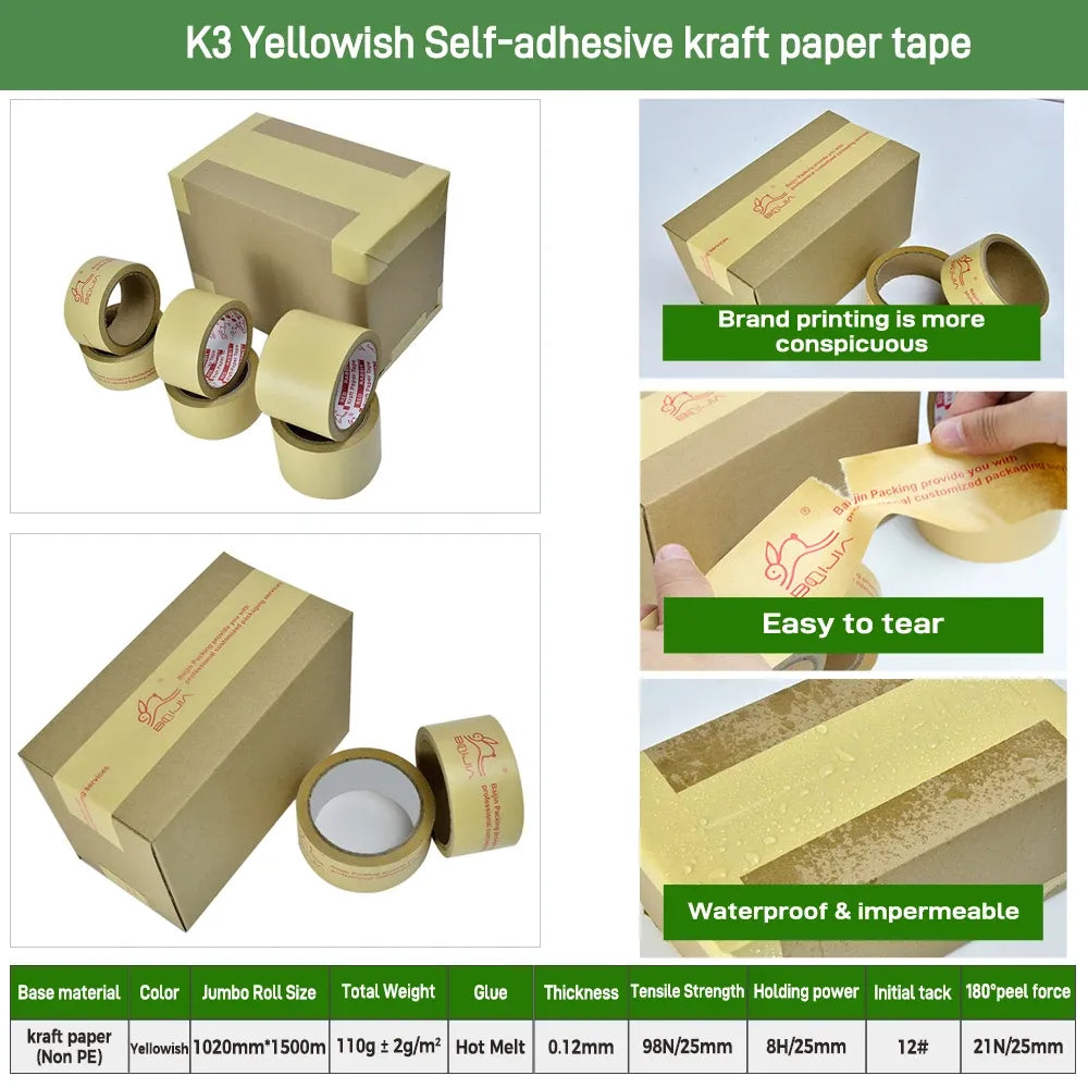 Yellowish self-adhesive kraft paper tape rolls with sealed package