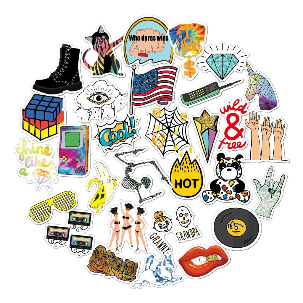 Assorted novelty sticker pack with colorful icons, hearts, stars, and hands