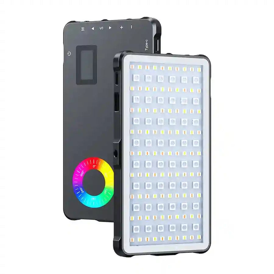 Portable rectangular LED video light with a metal frame, grid of light beads, screen, and color wheel for photography.