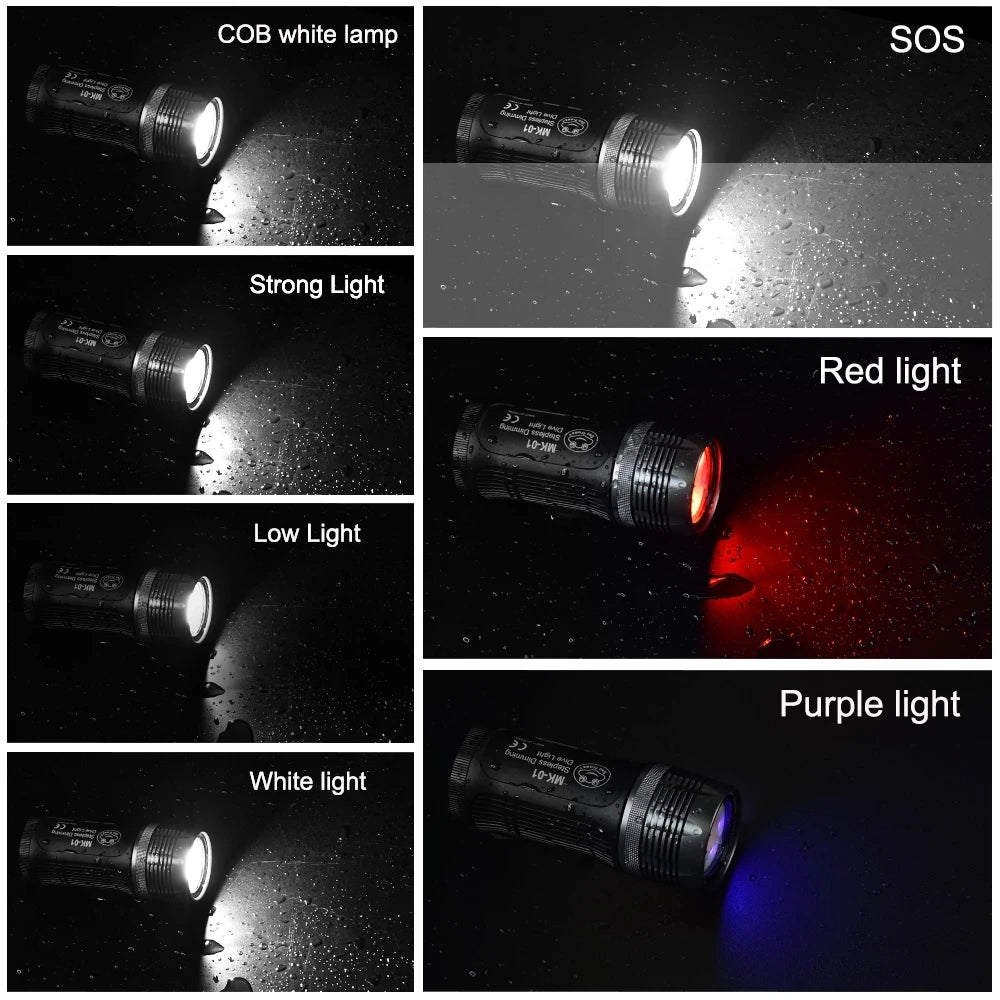 Compact black metal diving flashlight with multiple lighting modes including white, red, purple, and SOS strobe.