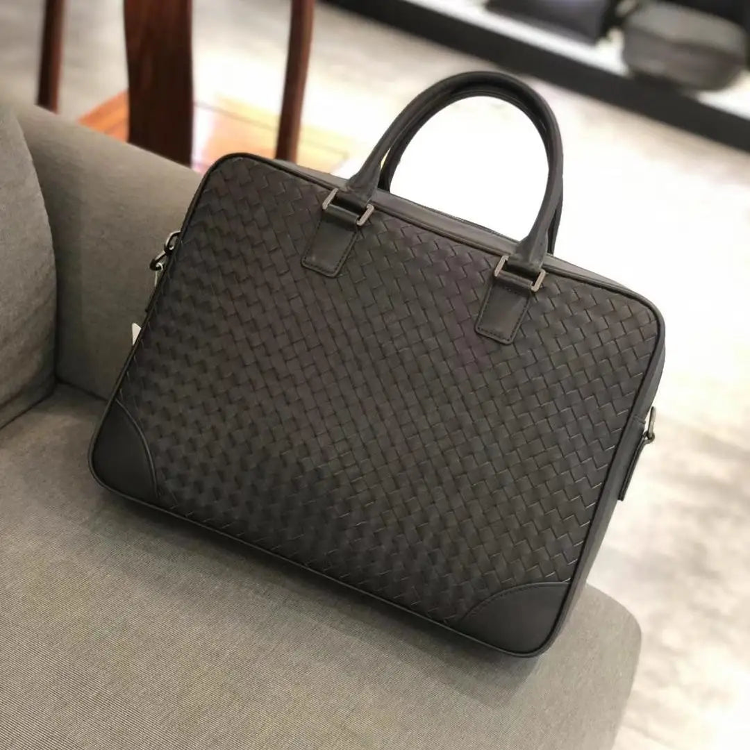 Dark brown hand-woven leather executive briefcase for 14-inch laptops. Designer style men's office business handbag.