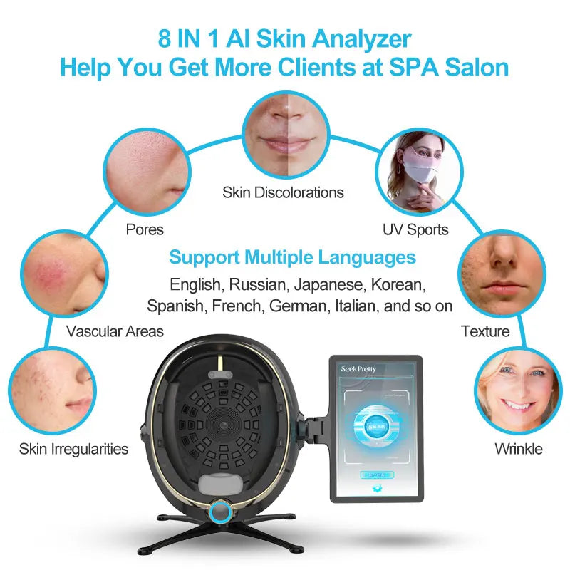2025 Magic Mirror 8-in-1 AI digital facial skin analyzer machine with screen for detecting pores, wrinkles, and texture.