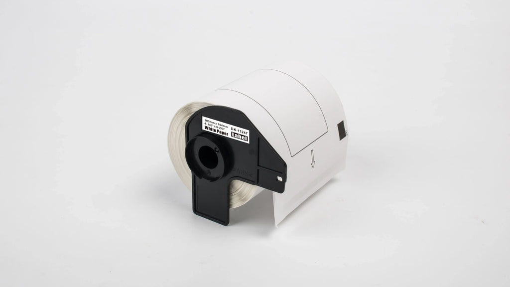 Thermal label roll tape cartridge, white roll with black label window and printed tag