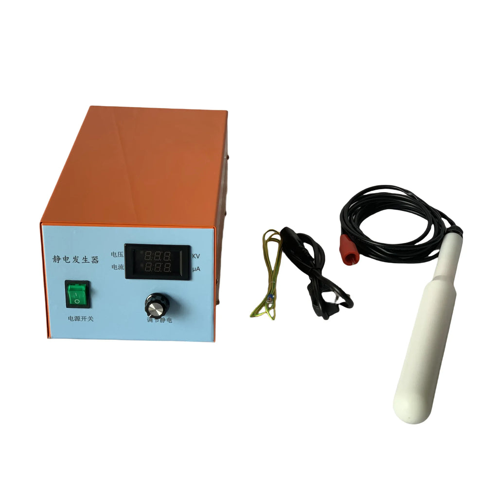 Static charge generator unit with orange control box, digital display, power knob, cables and rod
