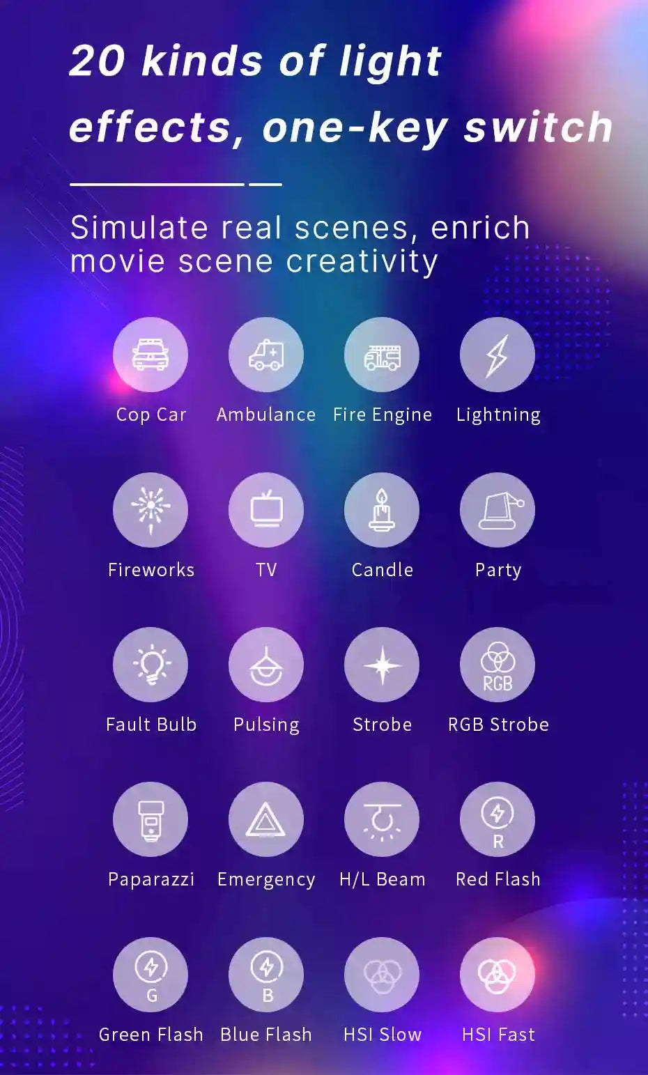A grid of 20 circular white icons against a purple background, representing lighting effect modes for video production.