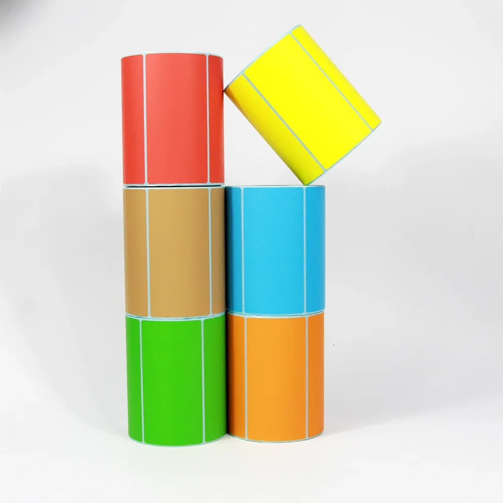 Color thermal label rolls stack: red, yellow, blue, green, and orange
