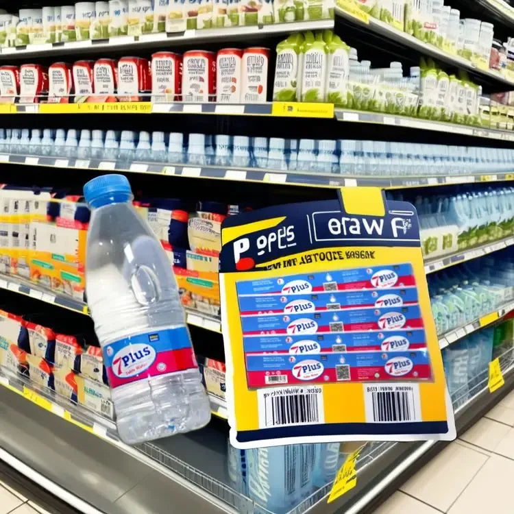 Bottle label sticker sheet with multicolor layout and barcode, on backing