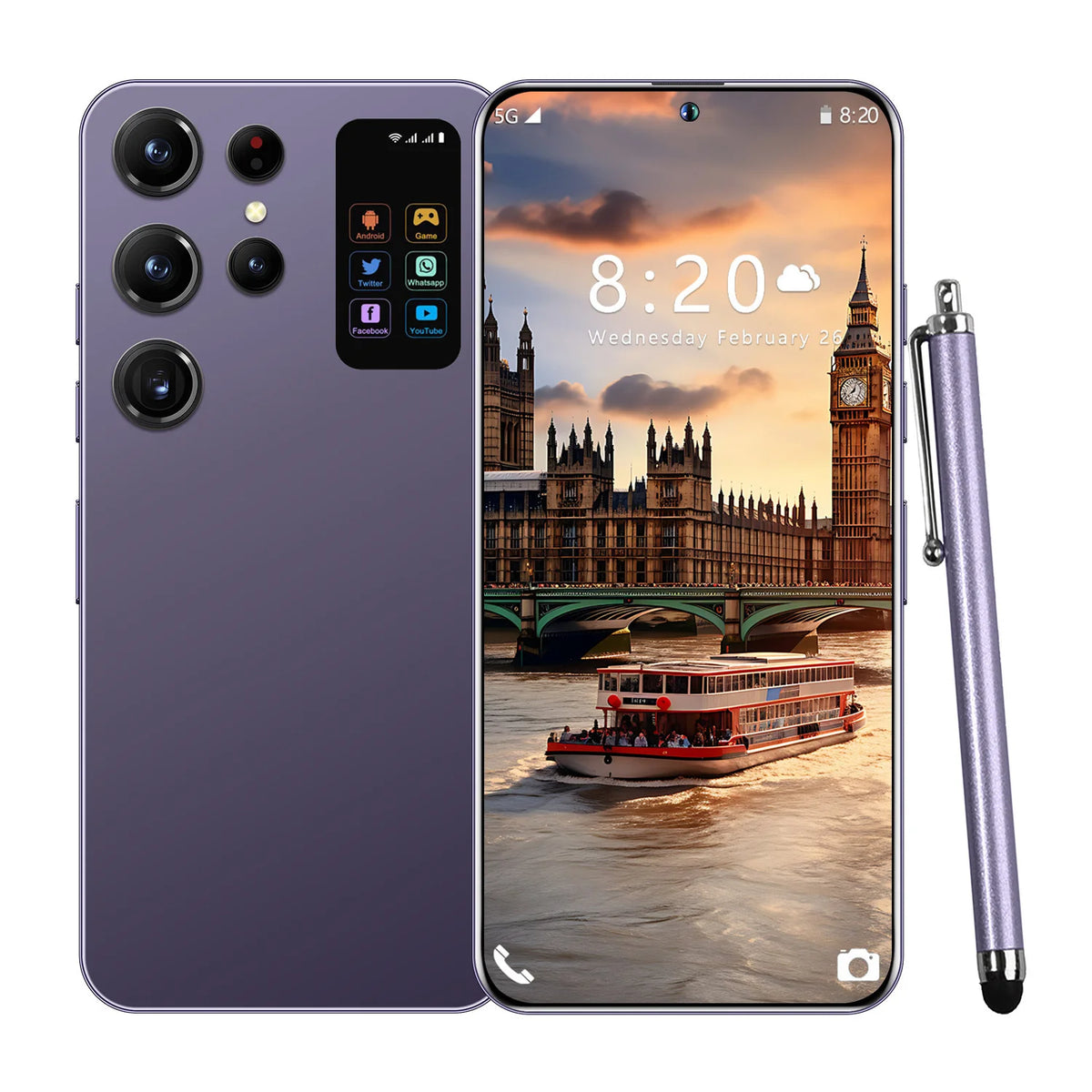 Purple 7.3-inch 5G smartphone with quad cameras, front display, and stylus pen