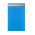 Blue poly mailer envelope with gray seal strip, flat folded shipping bag