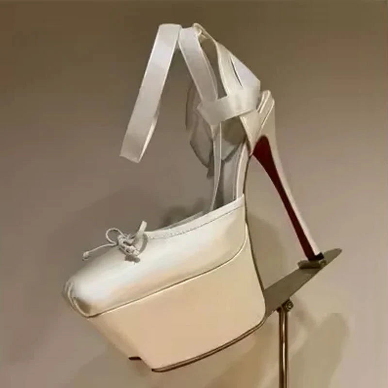 New Colors Women Silk Platform High Heels Stiletto Summer Square Toe Front Bow Shoes Ankle Cross Lace up Dress Wide Fit Pumps