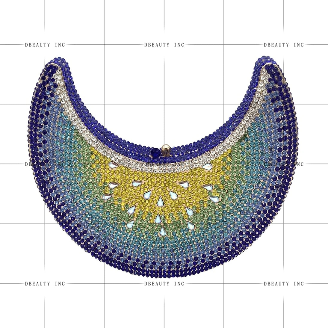 Moon-shaped evening clutch, designer handbag with ombre blue, green, and yellow rhinestones and teardrop accents.