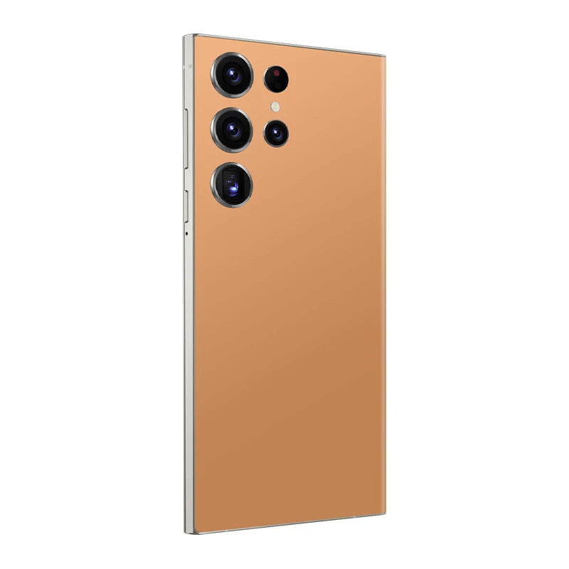 Orange smartphone with quad rear cameras and metal frame