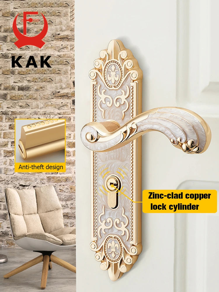 KAK European Style Gold Door Locks with Keys Door Handle Ivory White Security Entrance Door Lock Mute Anti-theft Door Hardware
