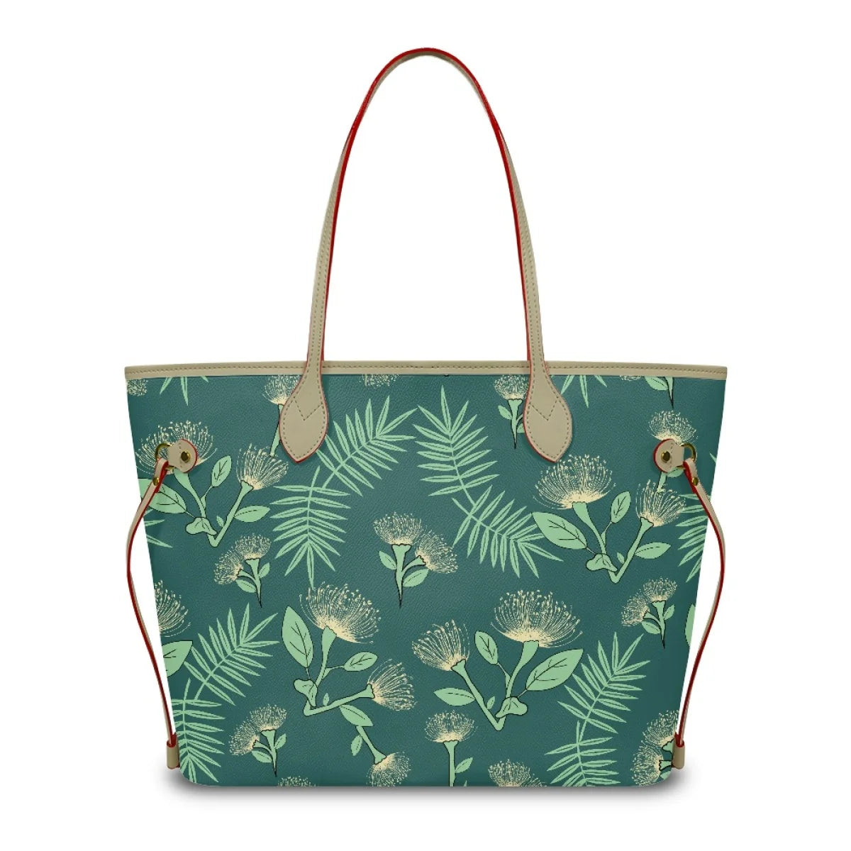 Green leather tote handbag with Ohia Lehua floral print, beige straps, and red trim accents. Trendy designer style.