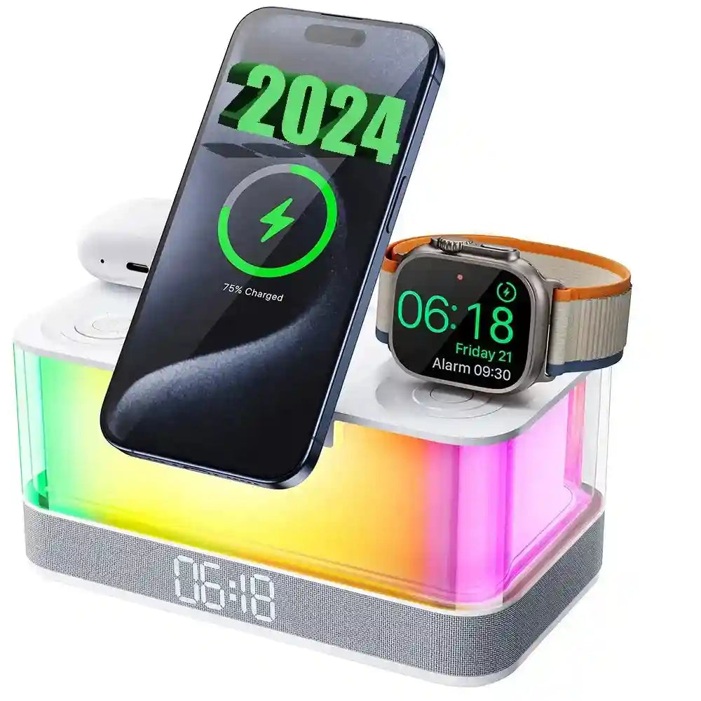 6-in-1 Wireless Charger Alarm Clock with RGB Light and Speaker - White Tidesmit