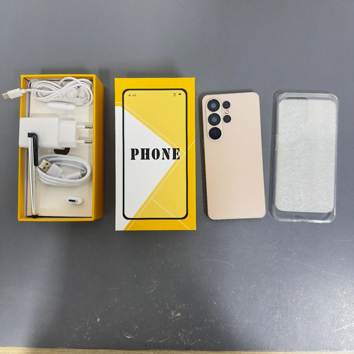 7.3-inch dual SIM 5G smartphone in light gold with accessories and clear protective case