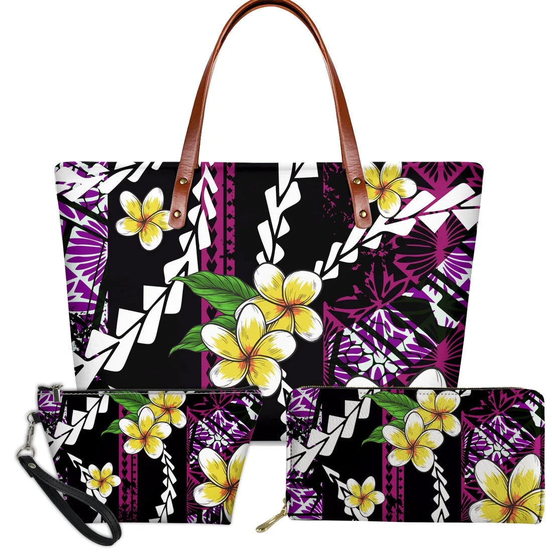 3-piece purple and black Polynesian tribal handbag set featuring yellow plumeria floral prints and brown leather straps.