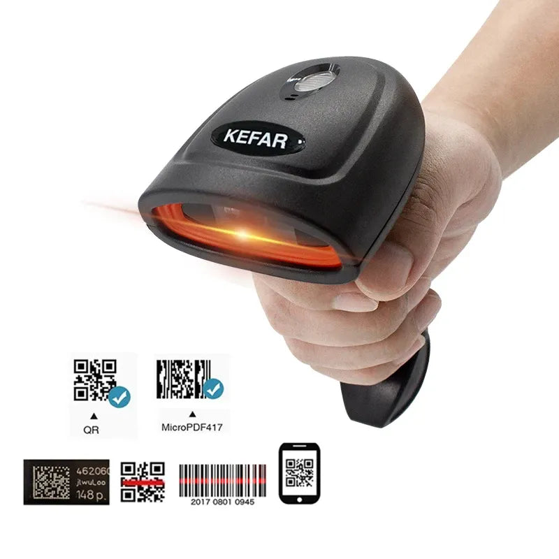 KEFAR H4W wireless handheld 2D barcode scanner, black with orange scanning window