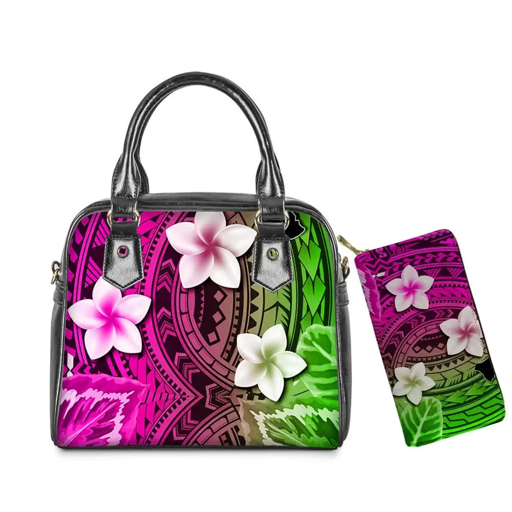 Colorful leather handbag and wallet set featuring American Samoa Polynesian tribal print and pink plumeria flowers.