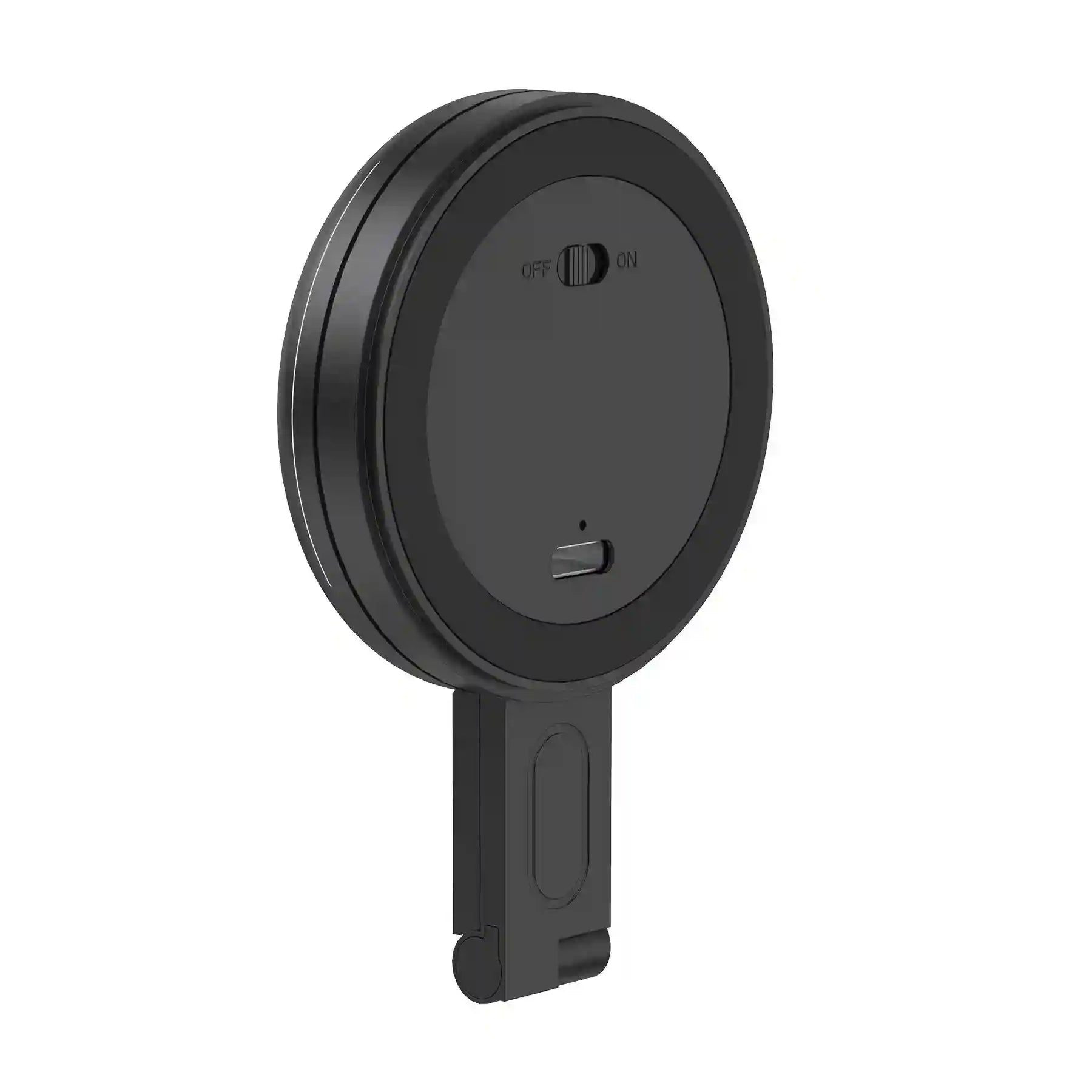 Black circular USB-rechargeable LED light with an on-off switch and adjustable folding arm.