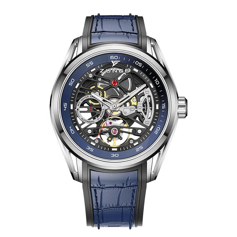 Luxury Fully Automatic Hollow Dial Mechanical Men's Watch Multifunctional Luminous Leather Strap Fashionable Business Watch