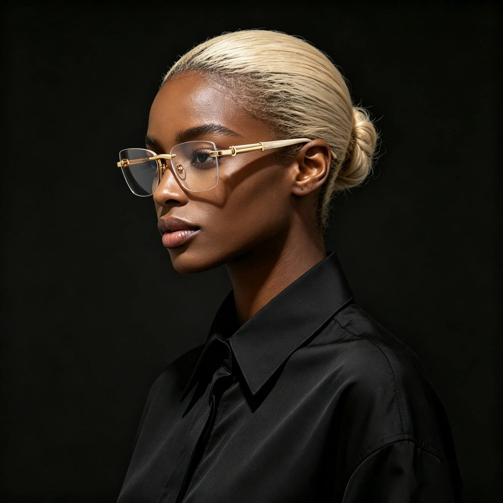 Elegant Rimless Luxury Optical Eyewear Gold Metal Natural Buffalo Horn Temple Eyeglasses for Women Formal Occasions