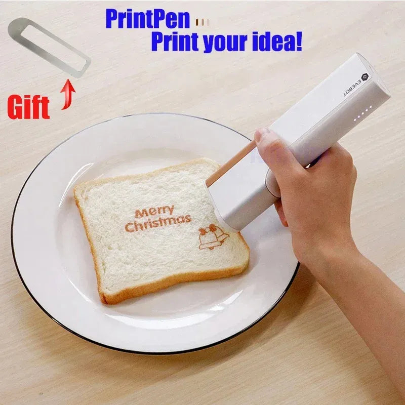 Handheld food inkjet printer pen printing on a slice of bread