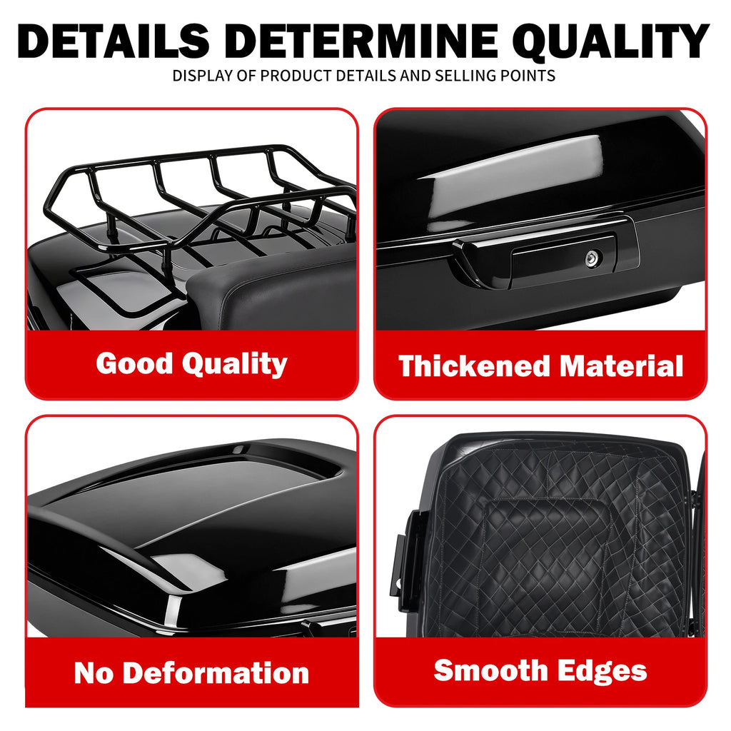 Black gloss Harley Tour Pack trunk with luggage rack, locking latch, and diamond-stitched interior for Touring models.
