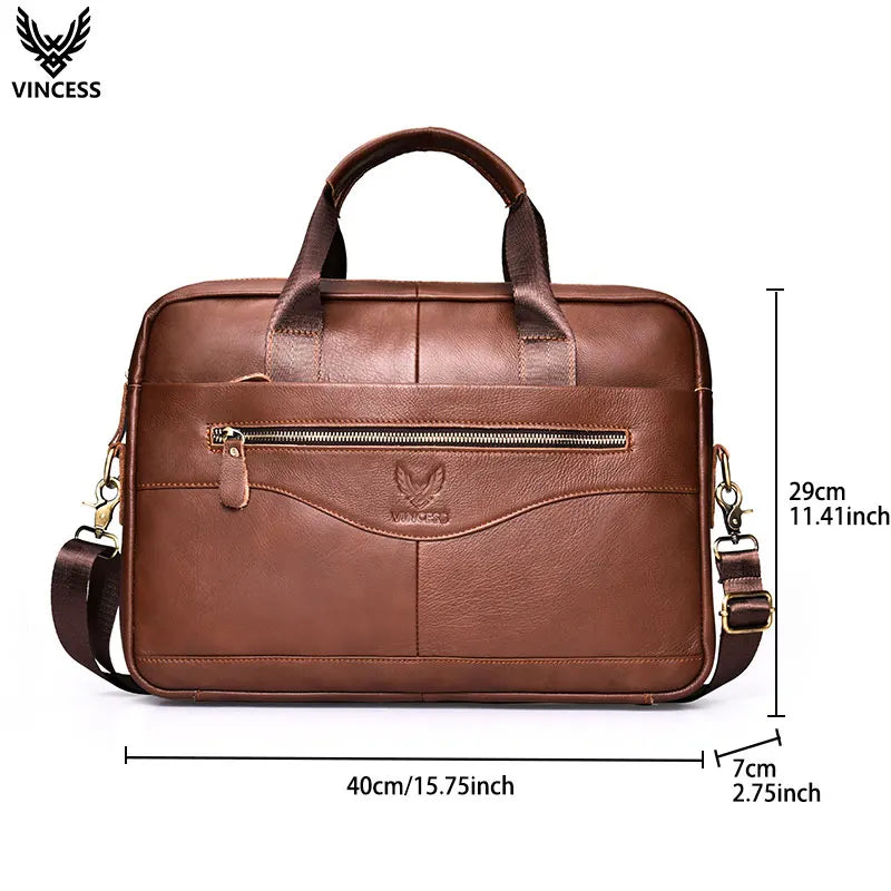 VINCESS brown genuine leather business briefcase with zipper closure, top handles, and adjustable shoulder strap.