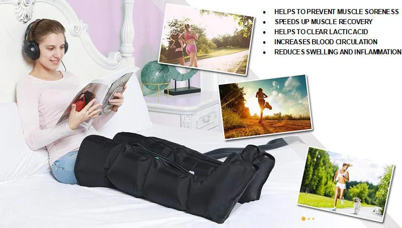 XXL black air compression leg recovery boots for massage, circulation, and muscle relief while relaxing in bed.