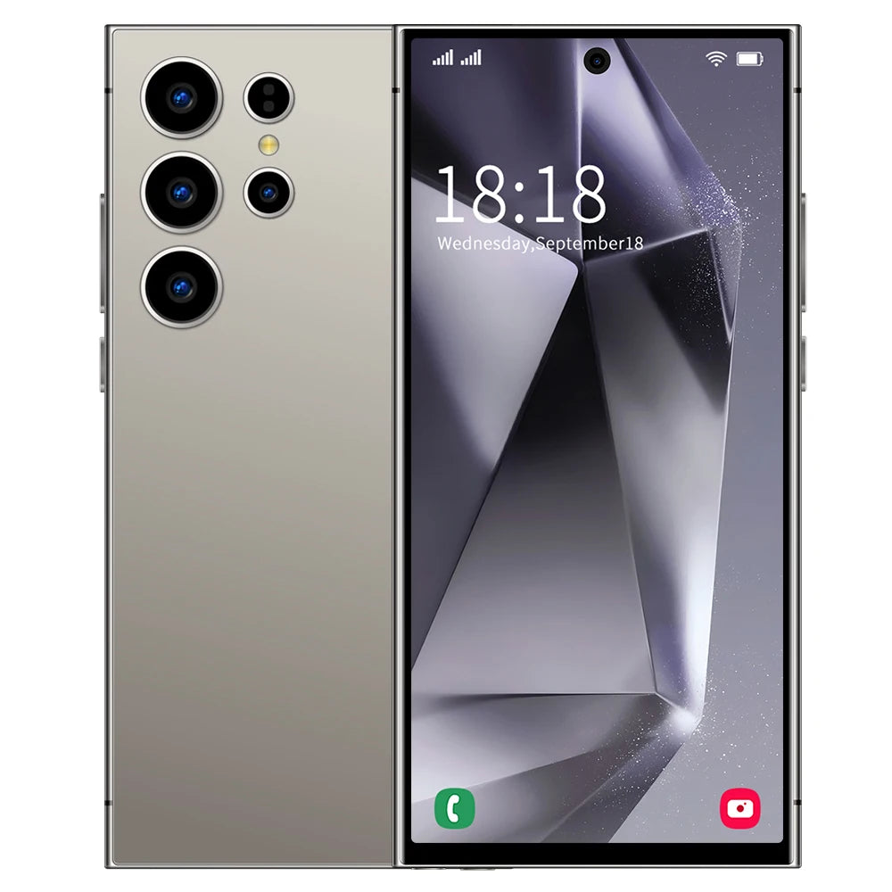 Matte-gray smartphone with quad rear cameras and front touchscreen display