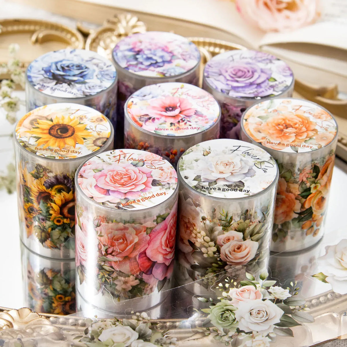 2M/Roll Kraft Paper Masking Pet Tape Meet Flower Sea Series Plant Hand Account Diy Material Decoration Loop Stickers 8 Models